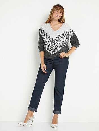 Pull chaud bicolore col V avec sequins