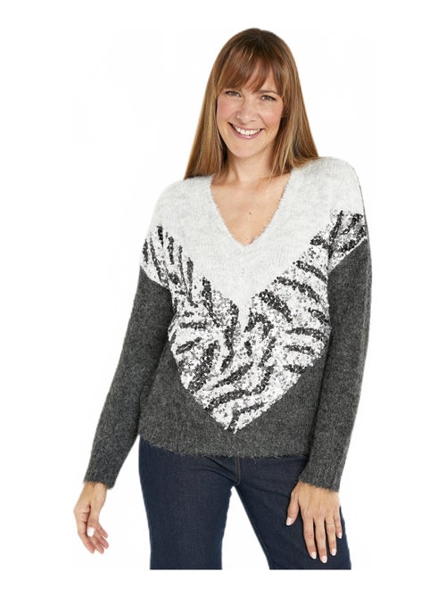 Pull chaud bicolore col V avec sequins - Kiabi