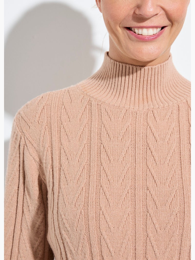 Pull chaud col montant côtelé et torsadé - Afibel Camel - Kiabi