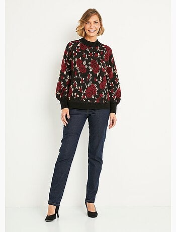 Pull chaud col montant raglan jacquard fleuri - Afibel