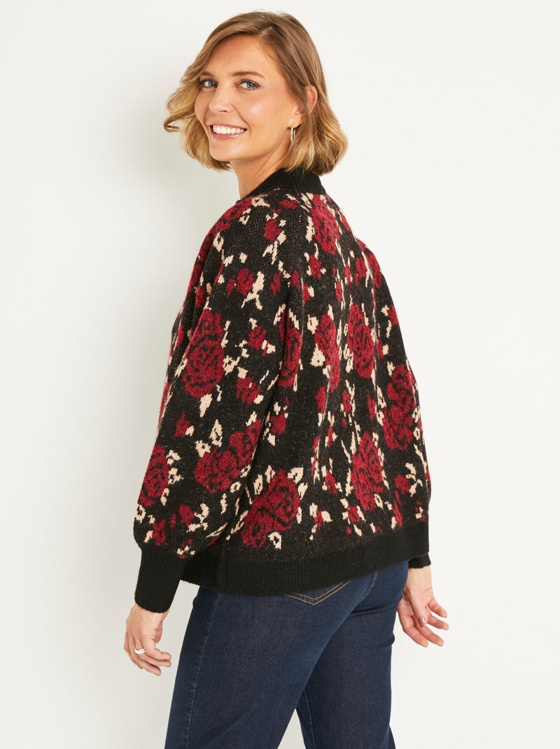 Pull chaud col montant raglan jacquard fleuri - Afibel Noir Rouge - Kiabi