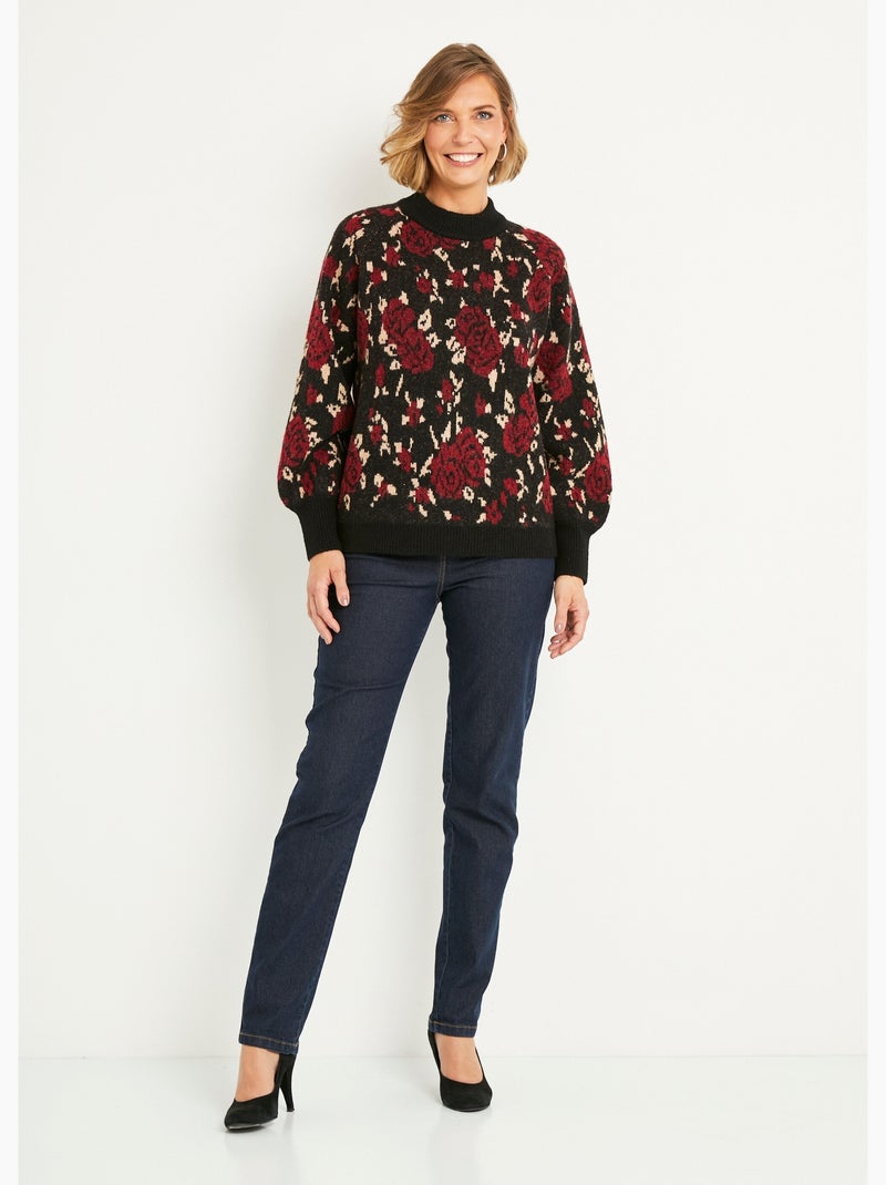 Pull chaud col montant raglan jacquard fleuri - Afibel Noir Rouge - Kiabi
