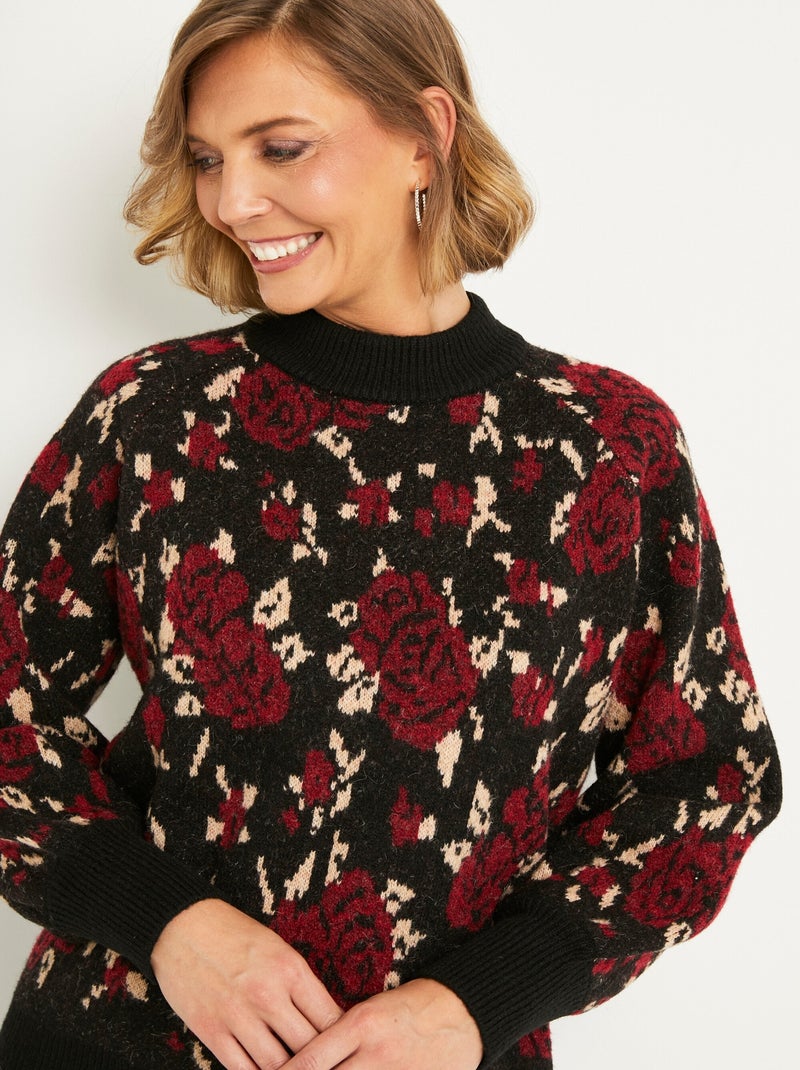 Pull chaud col montant raglan jacquard fleuri - Afibel Noir Rouge - Kiabi
