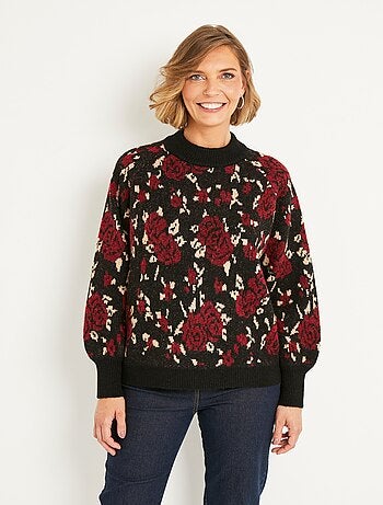 Pull chaud col montant raglan jacquard fleuri