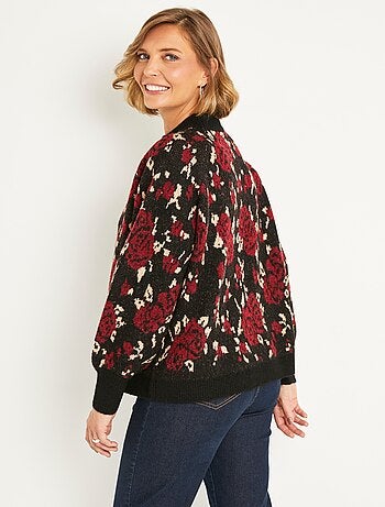 Pull chaud col montant raglan jacquard fleuri