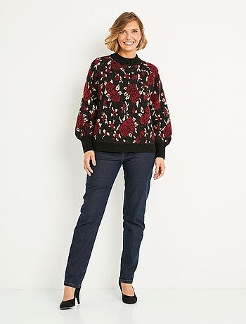 Pull chaud col montant raglan jacquard fleuri