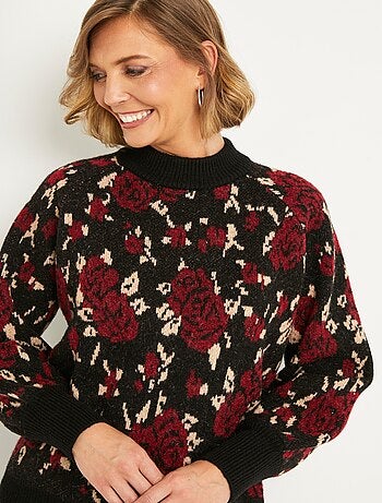 Pull chaud col montant raglan jacquard fleuri