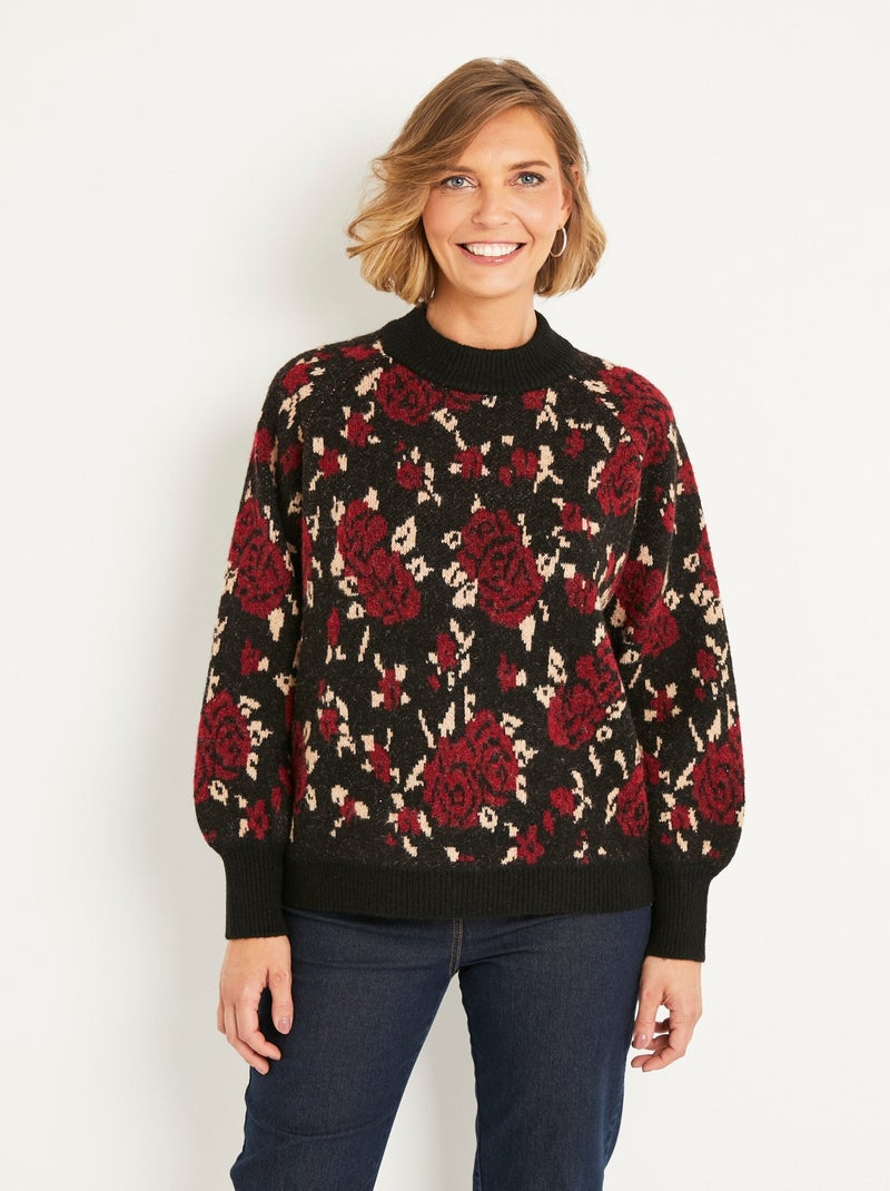 Pull chaud col montant raglan jacquard fleuri Noir Rouge - Kiabi