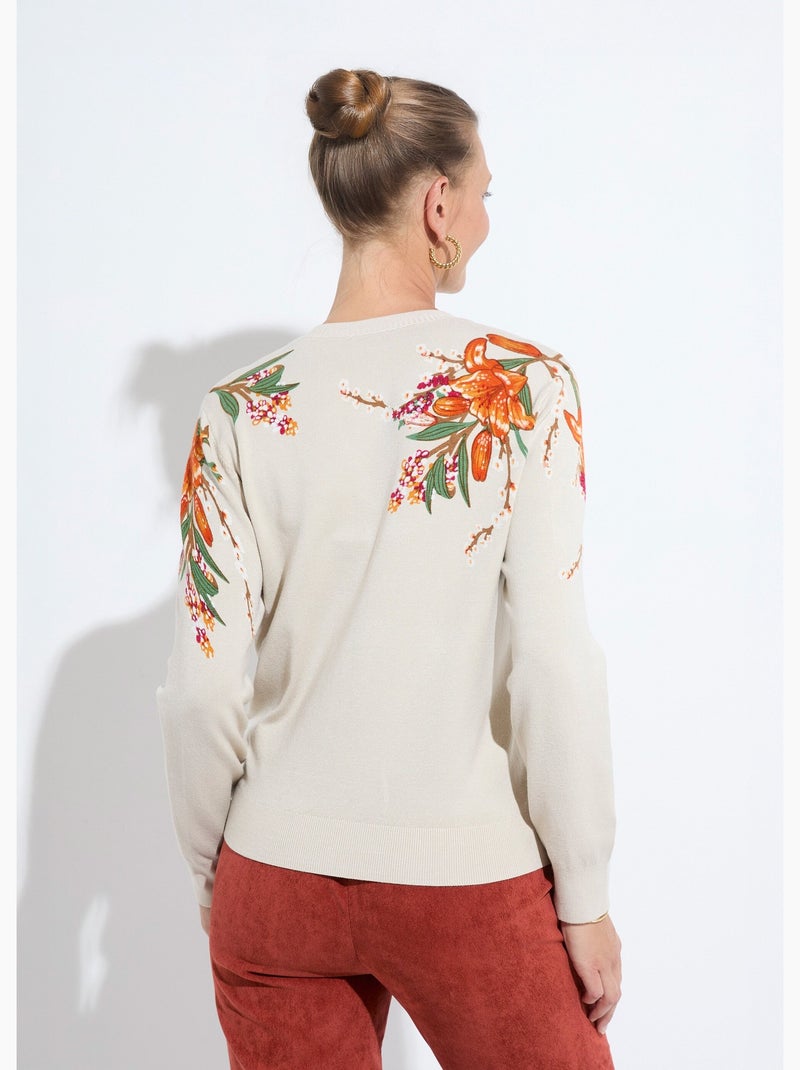 Pull chaud col rond imprimé floral - Afibel Beige - Kiabi