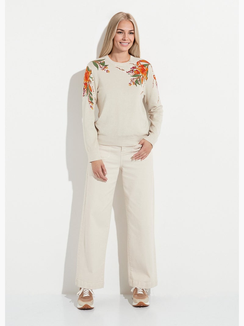 Pull chaud col rond imprimé floral - Afibel Beige - Kiabi