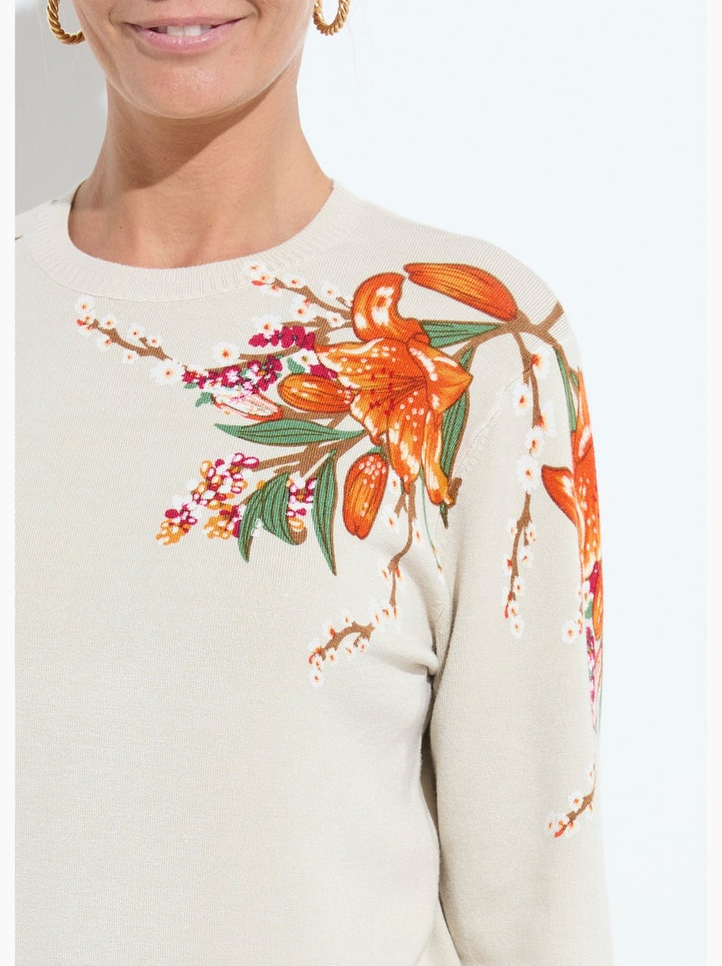 Pull chaud col rond imprimé floral - Afibel Beige - Kiabi