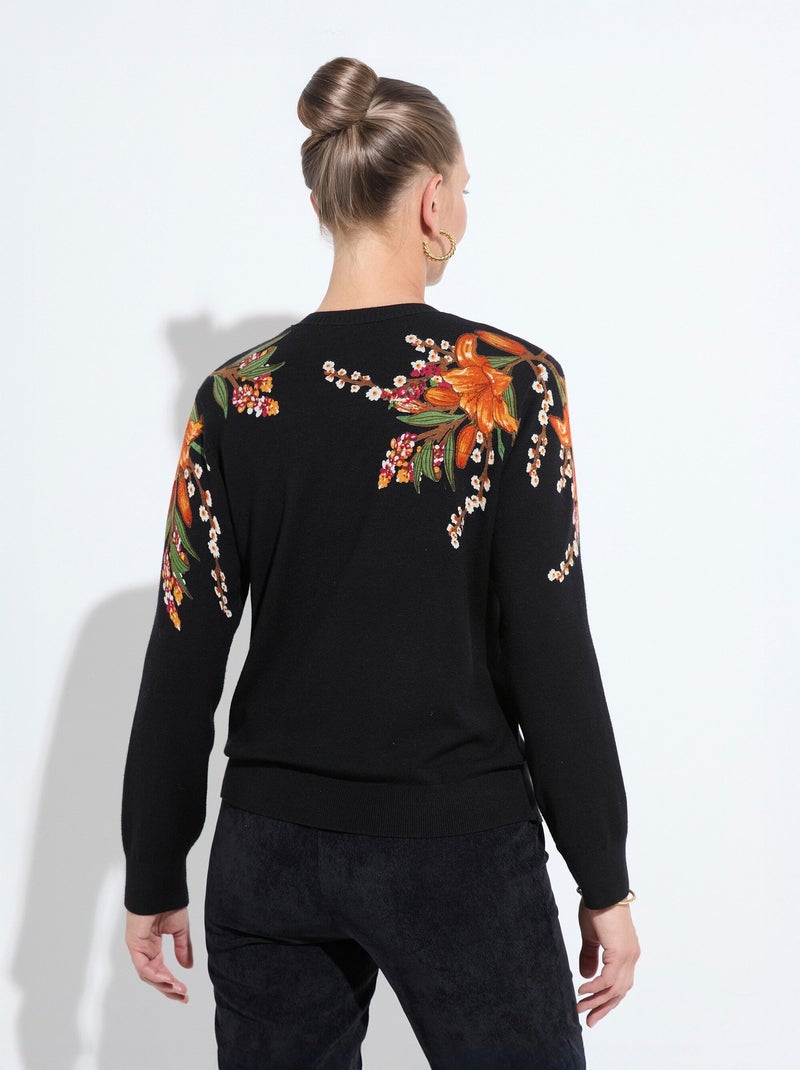 Pull chaud col rond imprimé floral - Afibel Noir - Kiabi