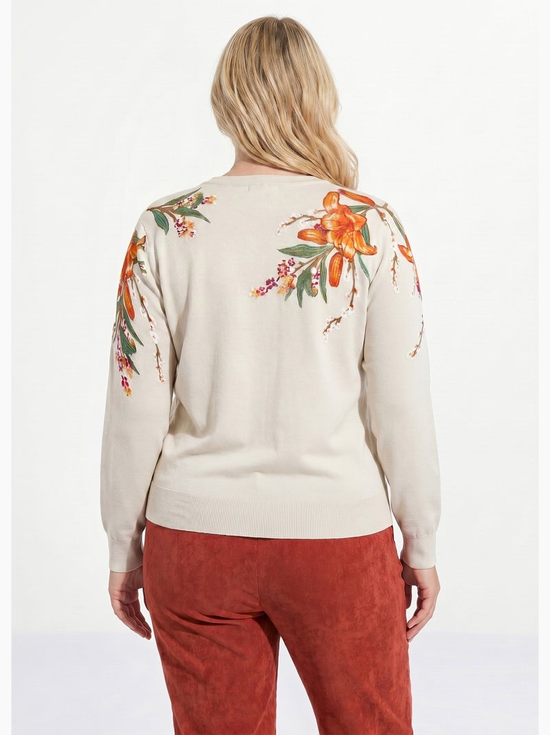 Pull chaud col rond imprimé floral manches longues - Afibel Beige - Kiabi
