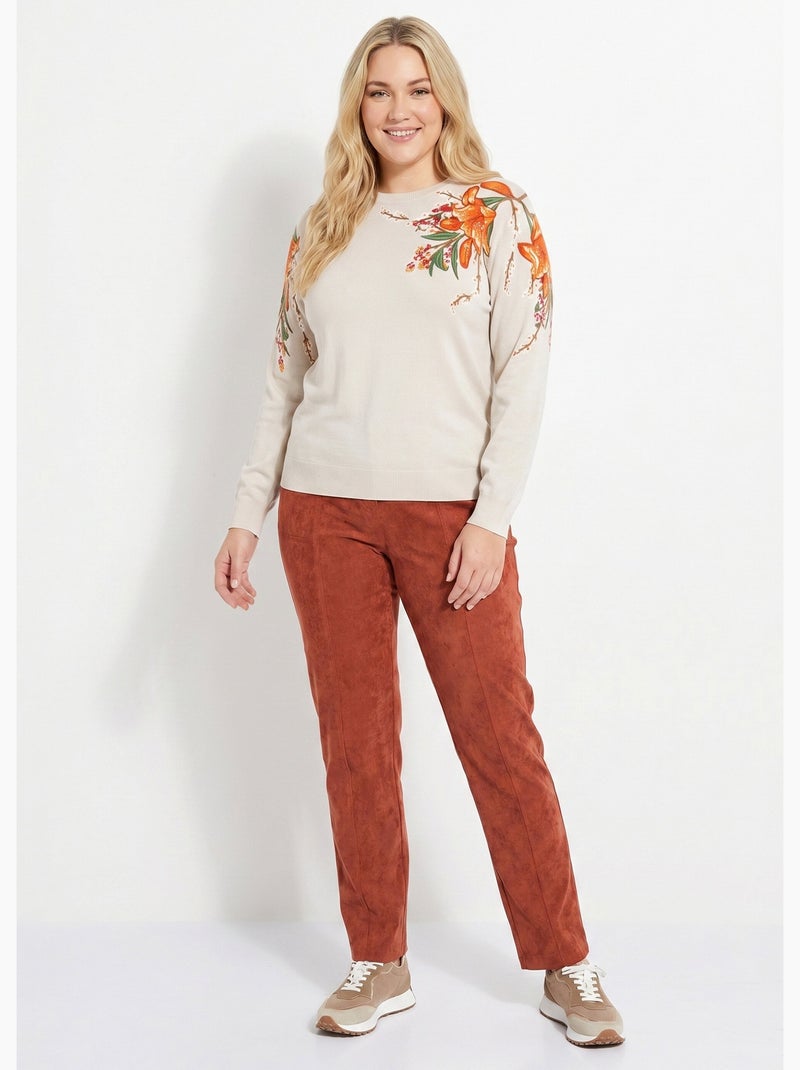 Pull chaud col rond imprimé floral manches longues - Afibel Beige - Kiabi