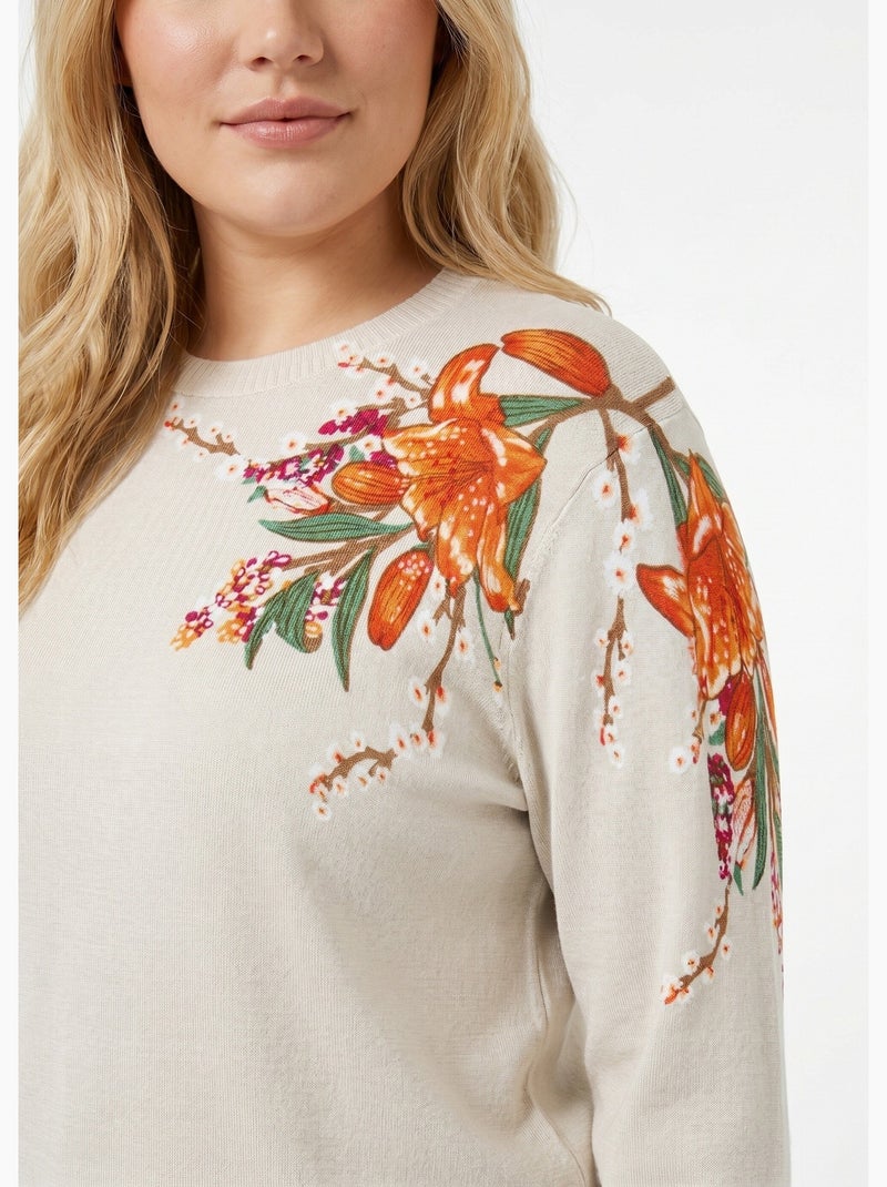 Pull chaud col rond imprimé floral manches longues - Afibel Beige - Kiabi