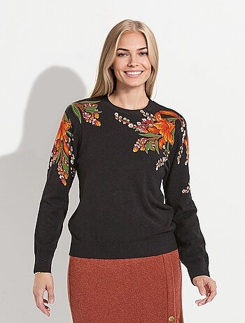 Pull chaud col rond imprimé floral manches longues - Afibel