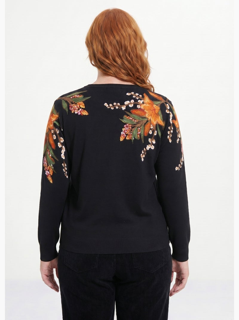 Pull chaud col rond imprimé floral manches longues - Afibel Noir - Kiabi
