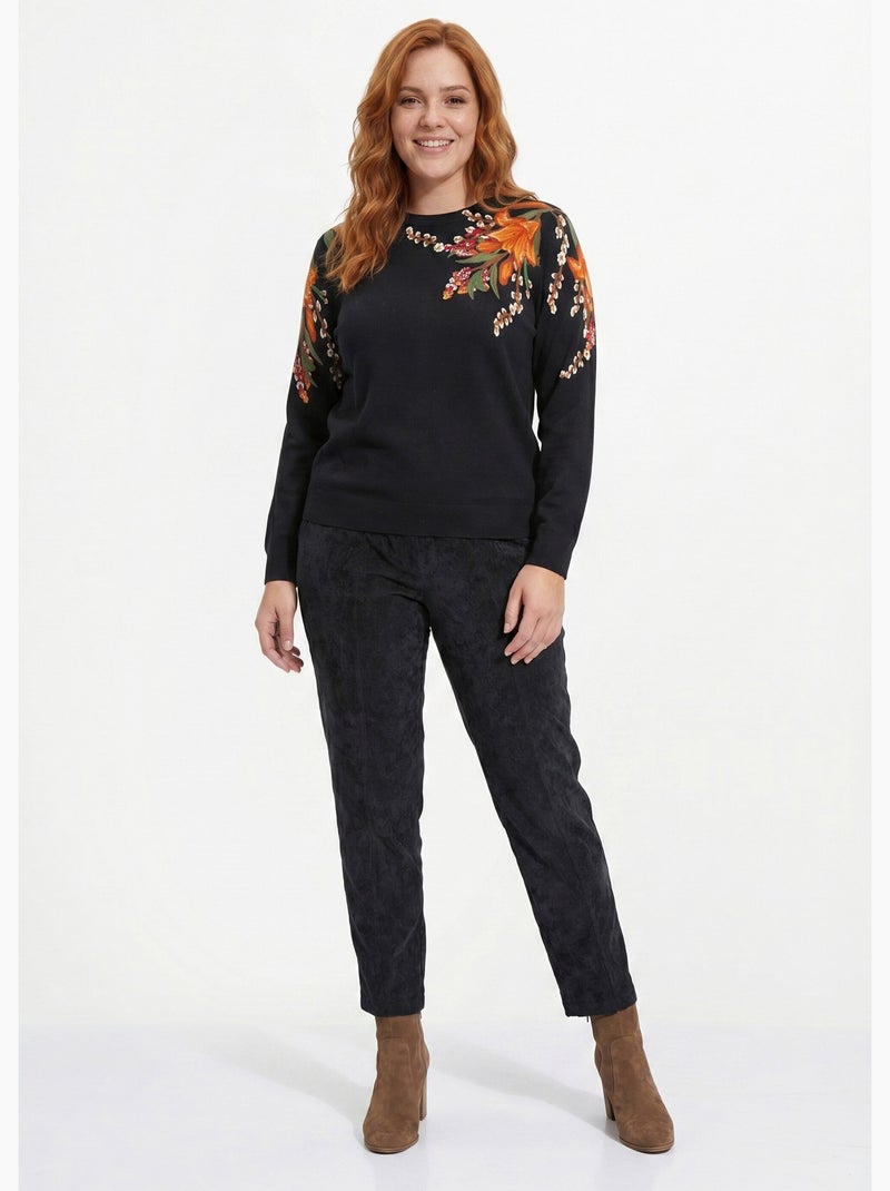 Pull chaud col rond imprimé floral manches longues - Afibel Noir - Kiabi