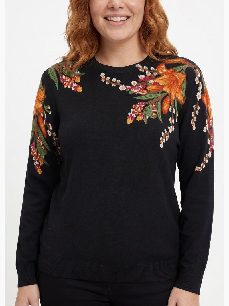 Pull chaud col rond imprimé floral manches longues - Afibel Noir - Kiabi