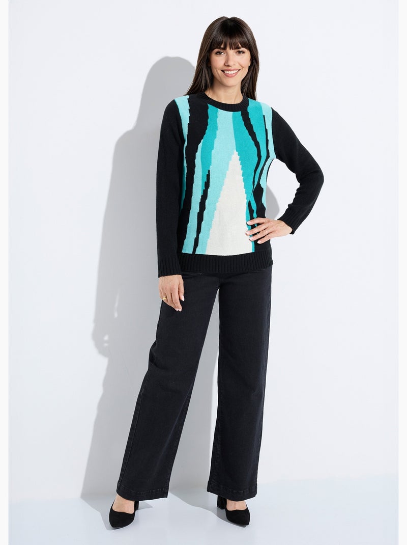 Pull chaud col rond jacquard graphique - Afibel Noir - Kiabi