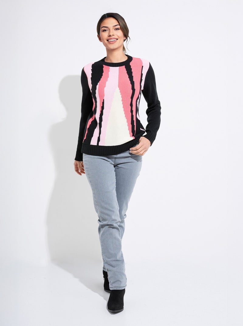 Pull chaud col rond jacquard graphique Noir Rose - Kiabi