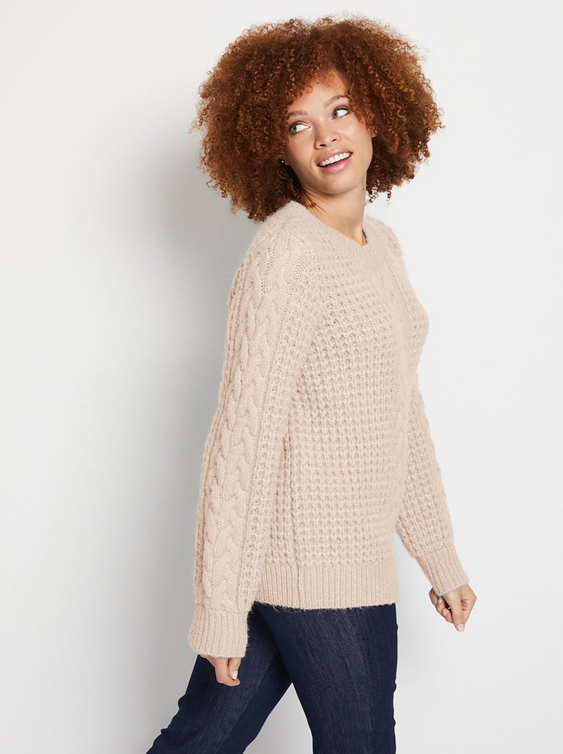 Pull chaud col rond maille moelleuse fantaisie Beige - Kiabi