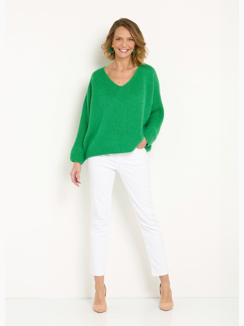 Pull chaud col v avec mohair et laine - afibel Vert - Kiabi