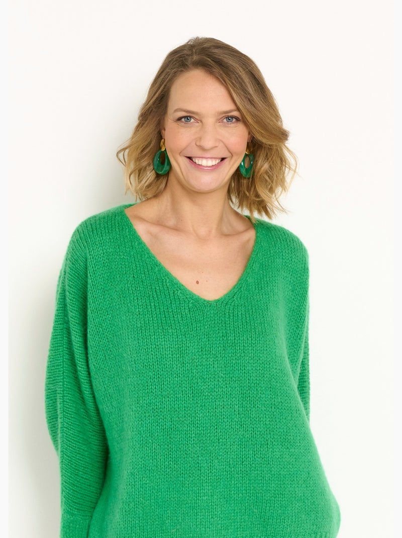 Pull chaud col v avec mohair et laine - afibel Vert - Kiabi