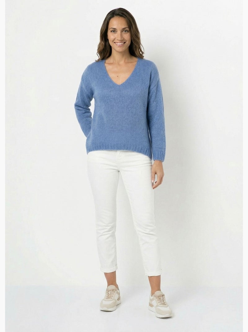 Pull chaud col V en maille avec mohair - AFIBEL Bleu denim - Kiabi