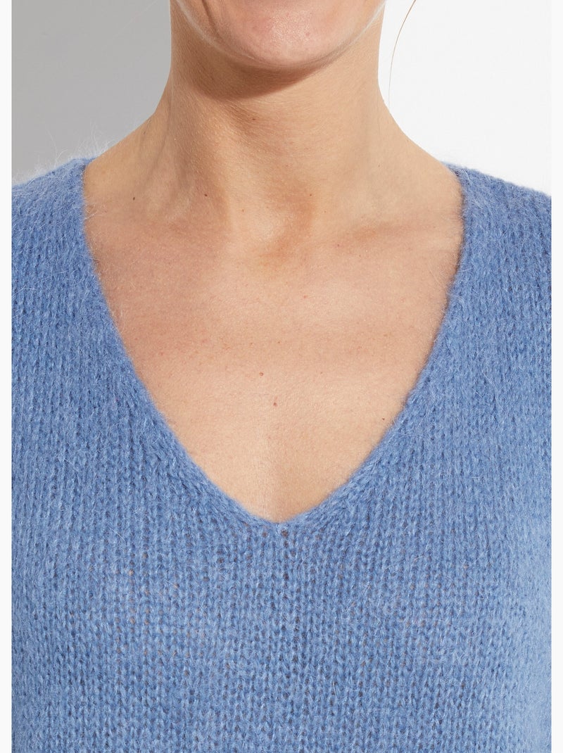 Pull chaud col V en maille avec mohair - AFIBEL Bleu denim - Kiabi