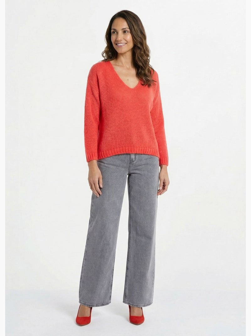 Pull chaud col V en maille avec mohair - AFIBEL Corail - Kiabi