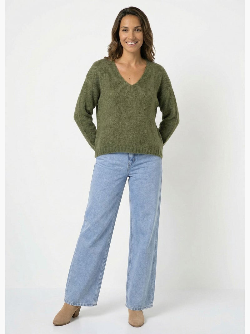 Pull chaud col V en maille avec mohair - AFIBEL Kaki - Kiabi