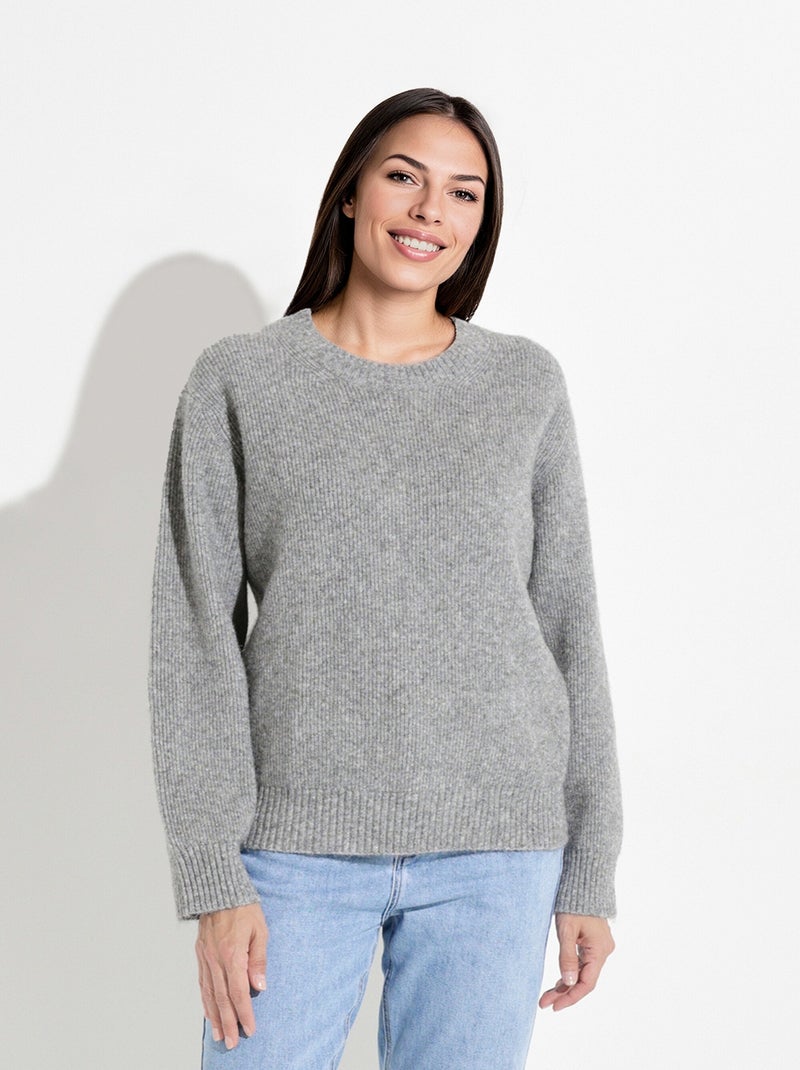 Pull chaud côtelé avec laine et fibres recyclées Gris chiné - Kiabi