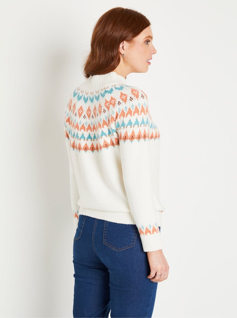 Pull chaud court col montant jacquard soleil - Afibel Bleu Ecru - Kiabi