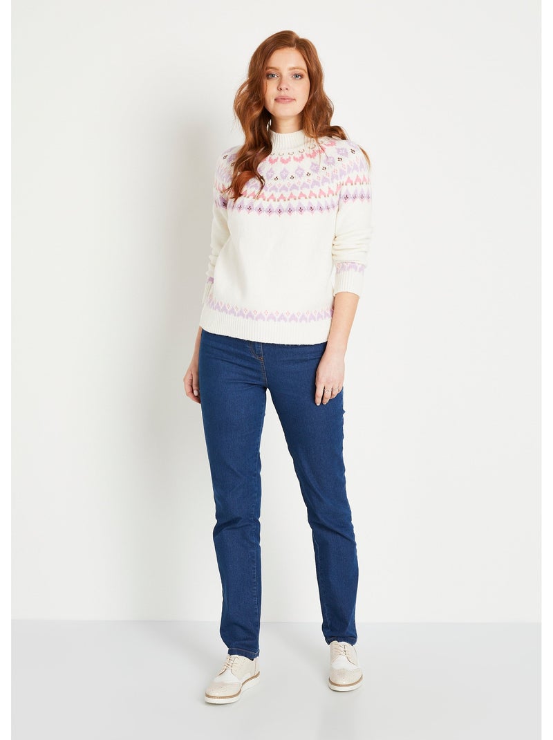 Pull chaud court col montant jacquard soleil - Afibel Ecru - Kiabi