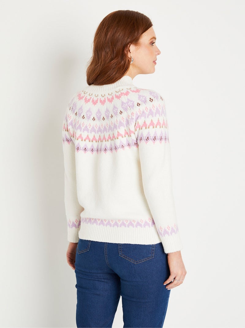 Pull chaud court col montant jacquard soleil Ecru - Kiabi