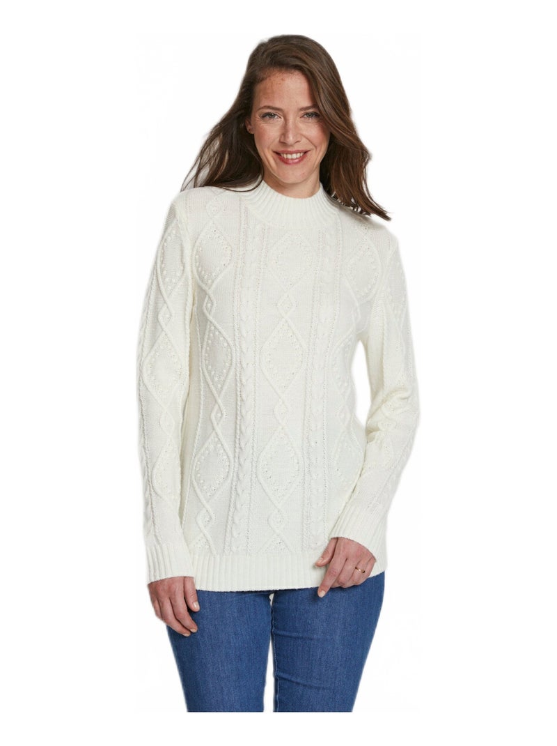Pull chaud court col montant torsades Ecru - Kiabi