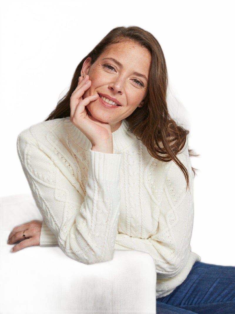 Pull chaud court col montant torsades Ecru - Kiabi