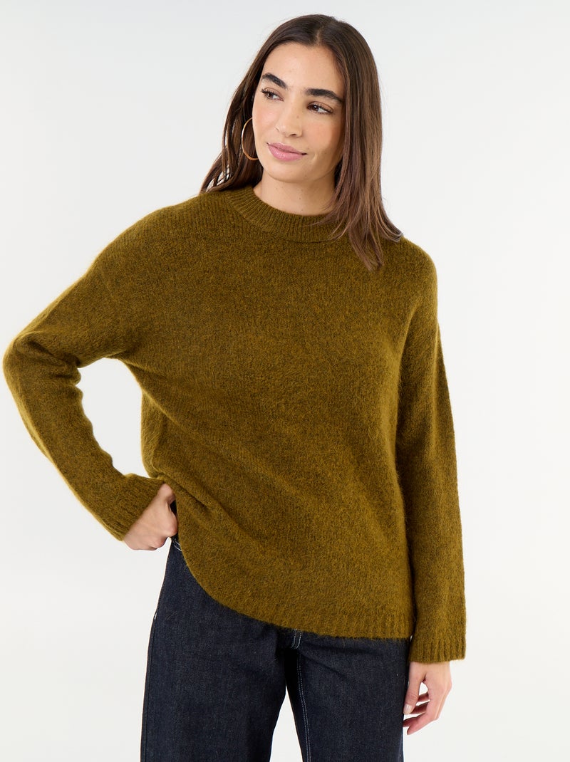 Pull chaud en mohair à col rond Kaki - Kiabi