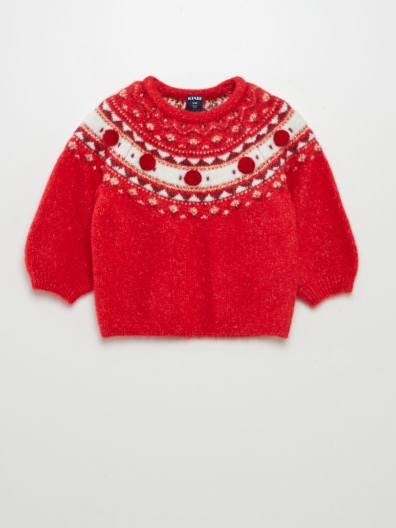 Pull chaud en motif jacquard avec pompons Rouge - Kiabi