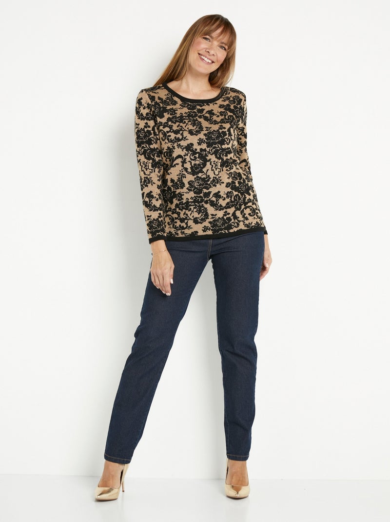 Pull chaud jacquard fleuri brillant col rond - Afibel Noir Doré - Kiabi