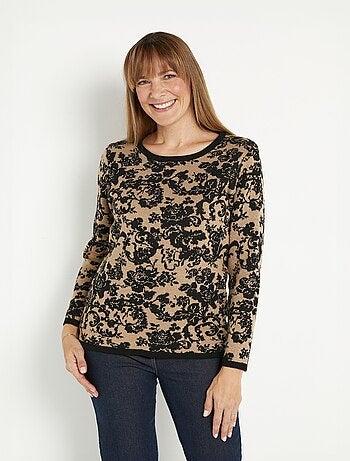 Pull chaud jacquard fleuri brillant col rond
