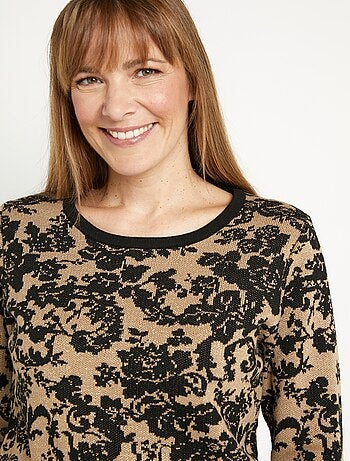 Pull chaud jacquard fleuri brillant col rond