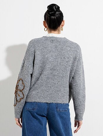Pull chaud laine, applications fleurs - afibel