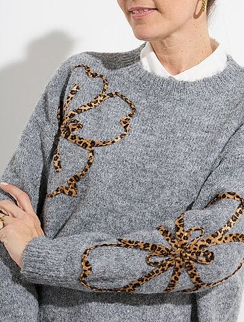 Pull chaud laine, applications fleurs - afibel
