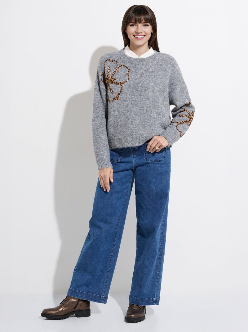 Pull chaud laine, applications fleurs - afibel Gris - Kiabi