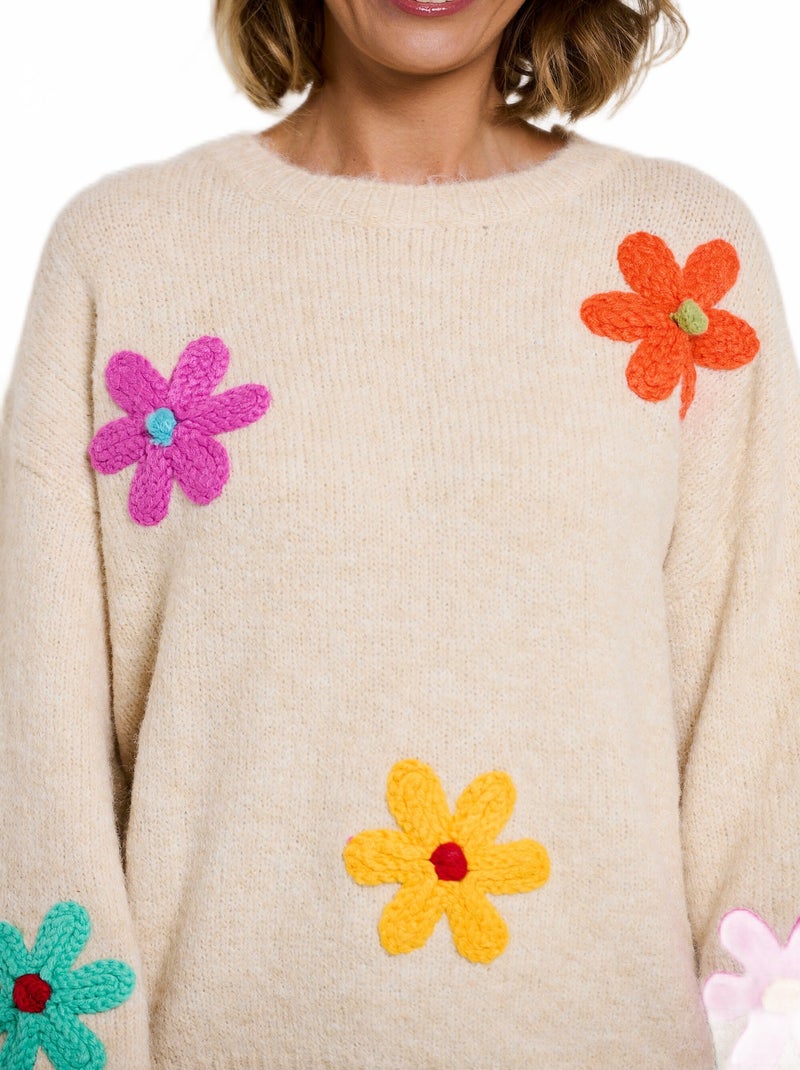 Pull chaud laine fleurs appliquées Beige - Kiabi
