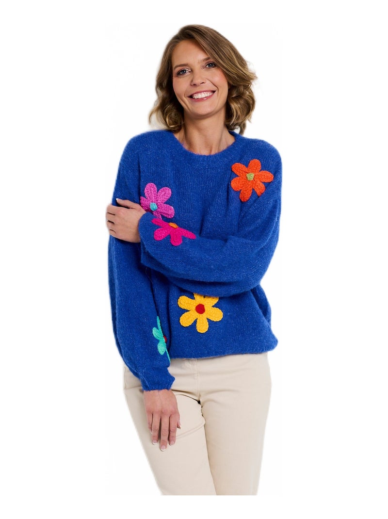 Pull chaud laine fleurs appliquées Bleu - Kiabi