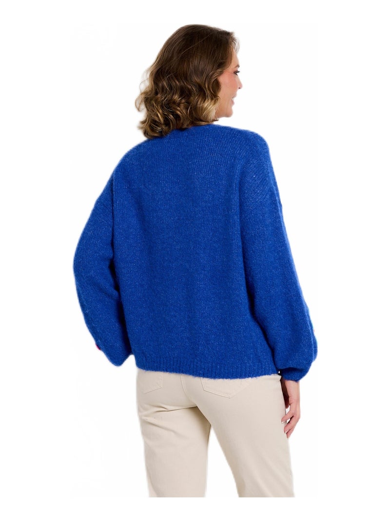 Pull chaud laine fleurs appliquées Bleu - Kiabi
