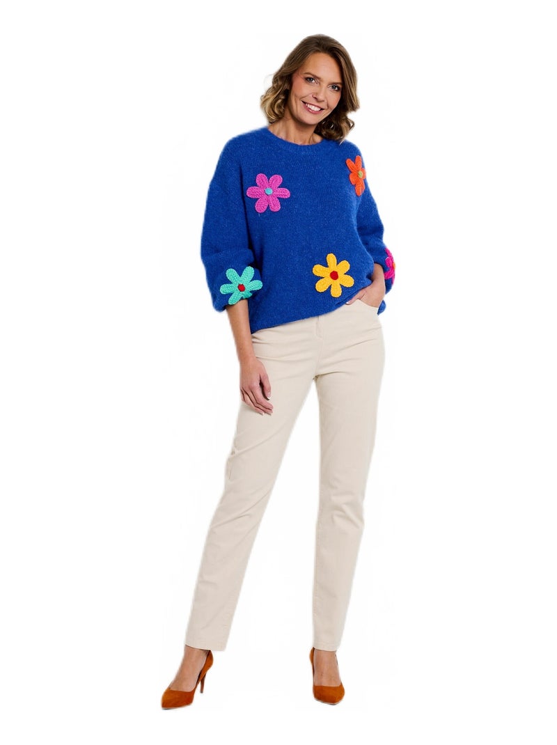 Pull chaud laine fleurs appliquées Bleu - Kiabi